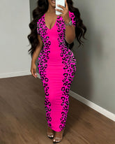 V-Neck Pink Leopard Dress