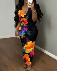 Women's V-neck Large Flower Black Hip Dress