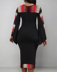 African Print Splicing Flared Sleeve Bodycon Midi Dress