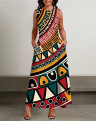 Tribal Geometric Totem Pockets Casual Dress