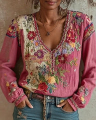 Vintage Pink Floral Embroidery Art Print Round Neck Long Sleeve Blend T-Shirt