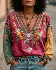 Women's Casual Retro Bohemian V-Neck Long Sleeve Shirt
