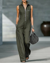 Stand-up Collar Sleeveless Casual Loose Pocket Cotton Linen Jumpsuit