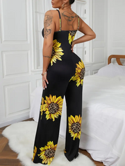 Sunflower Print Sleeveless Straight Jumpsuit