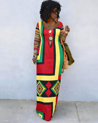 Reggae Tribal Print Crew Neck Long Sleeve Dress
