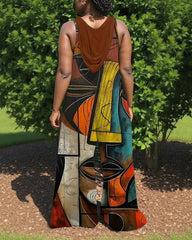Abstract African Art Print V-Neck Hooded Sleeveless Jumpsuit