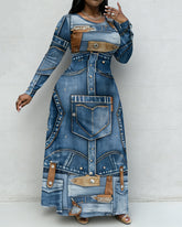 Fun Denim Pocket Patch Print Crewneck Long Sleeve Pocket Dress