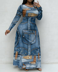 Fun Denim Pocket Patch Print Crewneck Long Sleeve Pocket Dress