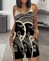 Sleeveless Black Women Print Short Jumpsuit
