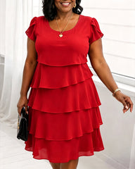 Round Neck Short Sleeves Elegant Layered Ruffle Dress
