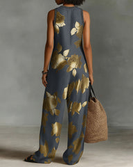 Elegant Golden Flowers Linen Blend Sleeveless Jumpsuit With Zipper And Stand Collar