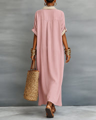 Button-down Collar Striped Color-blocked Cotton Linen Shirt Dress