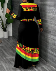 African Geometric Print Colorful Designer Crewneck Long Sleeve Pocket Dress