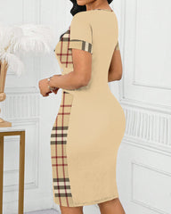 Classic Plaid Print Patchwork Crew Neck Short Sleeve Bodycon Midi Dress