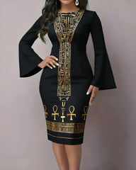 Golden Egyptian Texture Flared Sleeves Mini Dresses