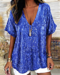 V-Neck Sequin Casual Loose Fit Pullover Short Sleeve T-Shirt