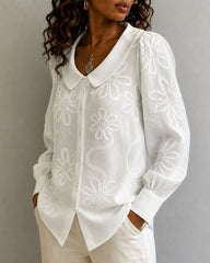 Peter Pan Collar Long Sleeve Embroidered Button Down Shirt