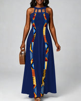 Ankara Curved Stripes Hollow-out Halter Neckline Bodycon Maxi Dress