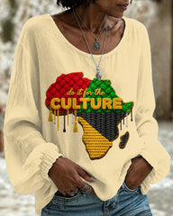 Do It Foe The Culture Print Round Neck Puff Sleeves Blouse