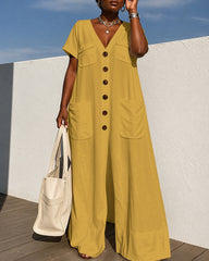 Loose Short Sleeves Buttoned Pockets Solid Color V-Neck Jumpsuits