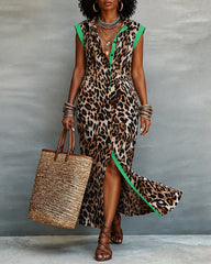 Women's Casual Leopard Colorblock Tailored Maxi Dress