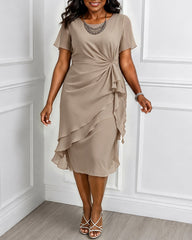 Spliced chiffon Short-Sleeve Fitted-Waist Solid Midi Dress