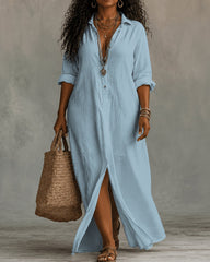 Lapel V-neck Button Down Casual Long Dress