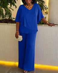 Solid Color V-neck Irregular Hem Casual Suit