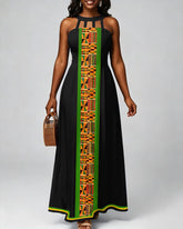 Ankara Geometric Stripes Hollow-out Halter Neckline Bodycon Maxi Dress