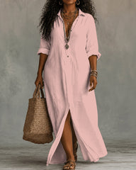 Lapel V-neck Button Down Casual Long Dress