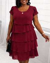Round Neck Short Sleeves Elegant Layered Ruffle Dress