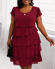 Round Neck Short Sleeves Elegant Layered Ruffle Dress