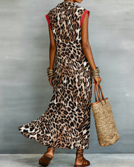 Women's Casual Leopard Colorblock Tailored Maxi Dress