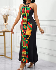 Women African Print Cutout Halter Neck Slim Waist Flowy Hem Maxi Dress