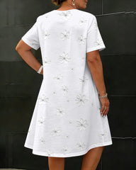 White Floral V-neck Short-sleeved Loose Midi Dress