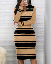 Ink Black Stripes Zipper Stand Collar Long Sleeve Bodycon Dress