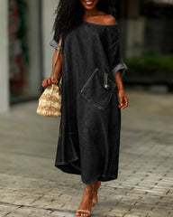 Round Neck Mid-Sleeve Casual Denim Dress with Pockets