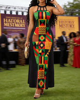 Women African Print Cutout Halter Neck Slim Waist Flowy Hem Maxi Dress
