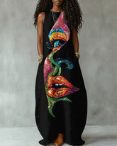 Striped Face Art Print Sleeveless Maxi Dress