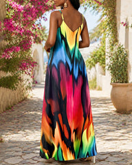 Sling Tie-dye Color Blocking Print Pocket Maxi Dress