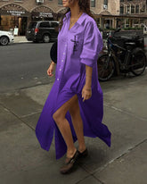 Gradient Color Faith Letters Hem Slit Shirt Collar Long Sleeve Maxi Dress