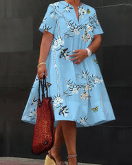 Branch, Flower & Bird Print V-neck Short-sleeved Loose Midi Dress