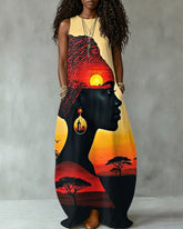 African Tribal Grassland Face Art Sleeveless Maxi Dress