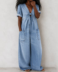 V-neck Bow-tie Denim Loose Wide-leg Jumpsuit