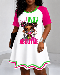 God Don't Play About Me Color Blocking Round Neck Mini Casual Dress