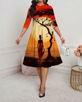 Prairie Sunset Black Women Round Neck Long Sleeves Midi Dress