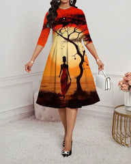 Prairie Sunset Black Women Round Neck Long Sleeves Midi Dress
