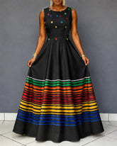 Stylish Color-Block Stripes Printed Fabric Print Sleeveless Maxi Dress
