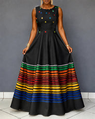Stylish Color-Block Stripes Printed Fabric Print Sleeveless Maxi Dress