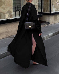 Face Art Graffiti Hem Slit Shirt Collar Long Sleeve Maxi Dress